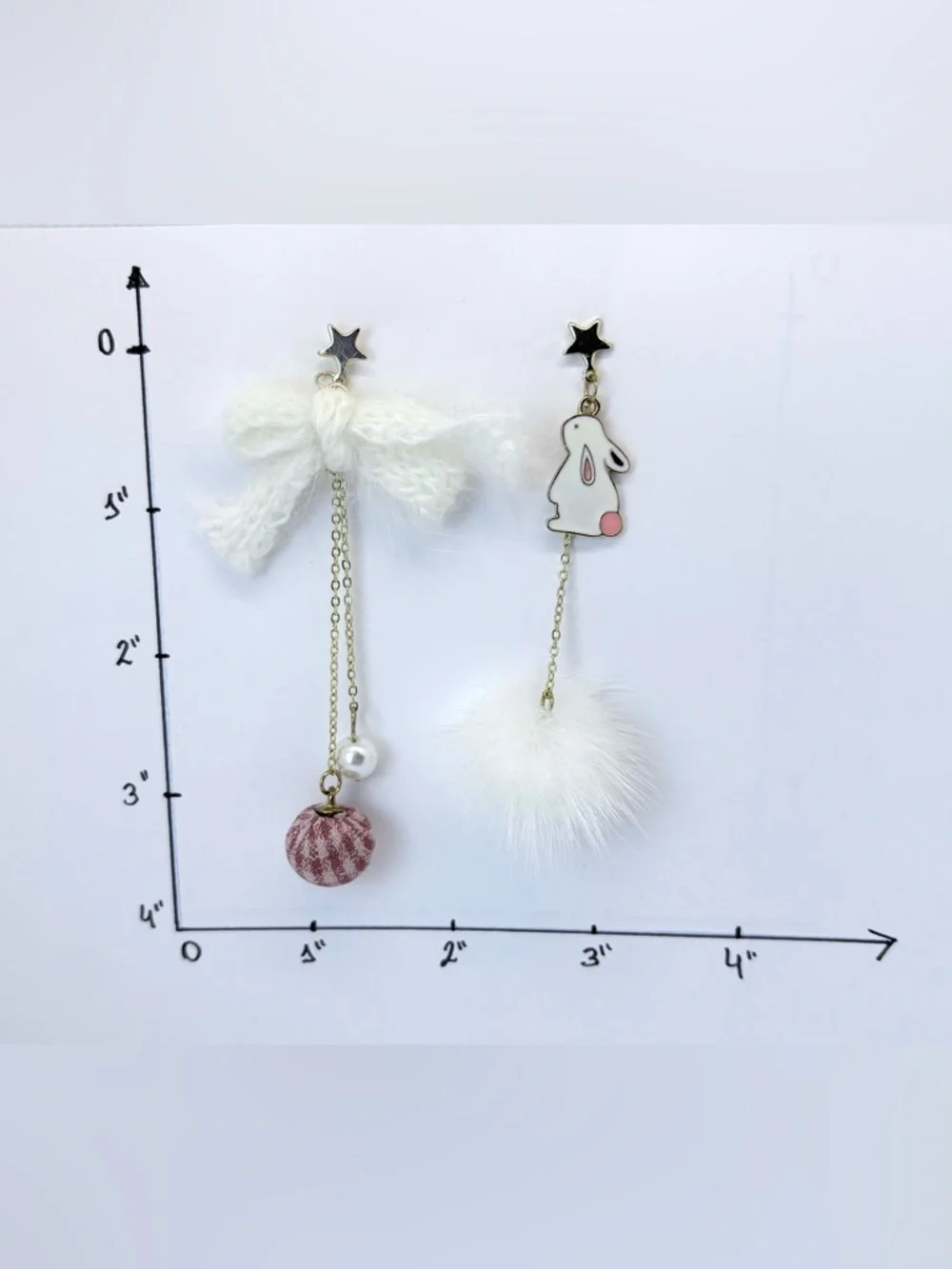White Bunny & Pom-Pom Asymmetric Drop Earrings